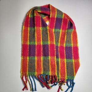 Vibrant Multi-Color Plaid Fringe Scarf - Bright Pink Orange Blue - Soft Winter